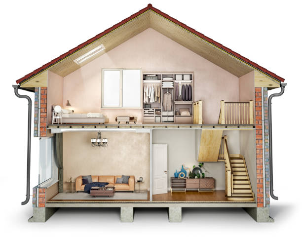 House cross section, view on bedroom, living room and hallway, 3d illustration House cross section, view on bedroom, living room and hallway, 3d illustration model house stock pictures, royalty-free photos & images