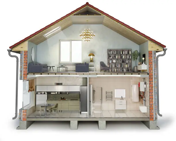 Photo of House cross section, view on bathroom, kitchen and living room, 3d illustration