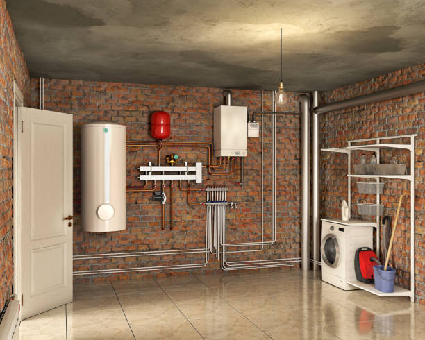 kesselanlage und wäscherei im kellerinneren, 3d-illustration - radiator gas boiler residential structure house stock-fotos und bilder