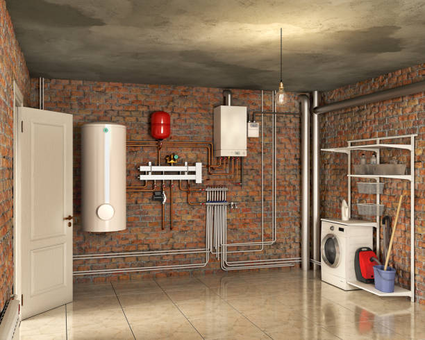 istock Boiler system and laundry in a basement interior, 3d illustration 1202271573