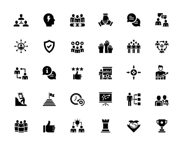 ilustraciones, imágenes clip art, dibujos animados e iconos de stock de conjunto simple de iconos vectoriales relacionados con el trabajo en equipo. colección de símbolos - planning leadership togetherness connection