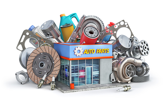 Auto parts near auto parts store isolated on a white background. 3d illustration