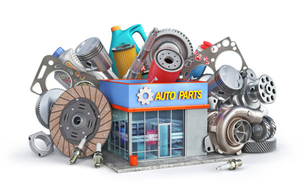 Auto parts near auto parts store isolated on a white background. 3d illustration Auto parts near auto parts store isolated on a white background. 3d illustration spare part stock pictures, royalty-free photos & images