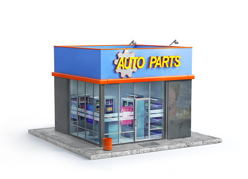Auto parts store isolated on a white background. 3d illustration