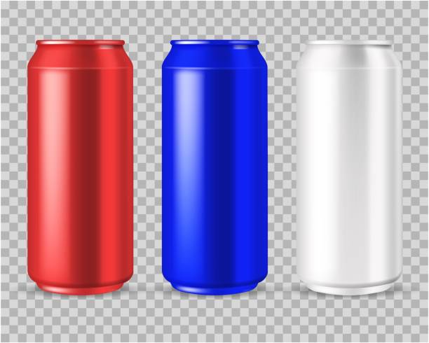 istock Realistic cans. beer or energy drink aluminium blank can in red, white and blue isolated vector mockups on transparent background 1202272894