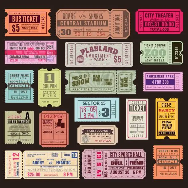 Vector illustration of Vintage tickets. Hand ticket circus, cinema and concert party old paper voucher travelling cruise raffle coupon. Vector template set