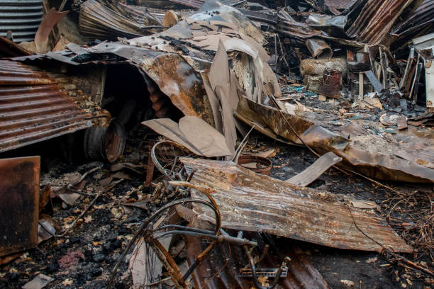 istock Australian bushfire aftermath: Burnt building ruins and rubble at Blue Mountains, Australia 1202272922