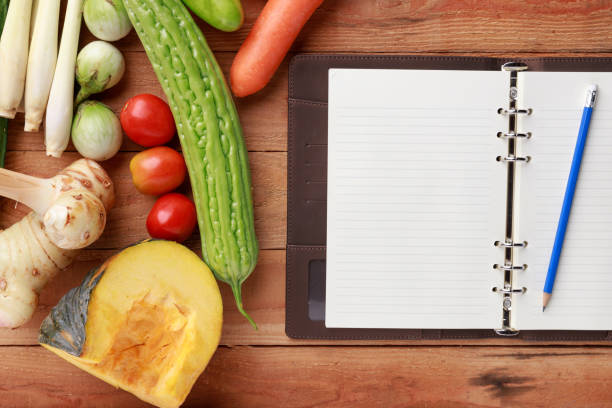 istock Thai kitchen. Various vegetables, spices  and Ingredients with blank notebook and pencil on wooden background. Top view 1202273088
