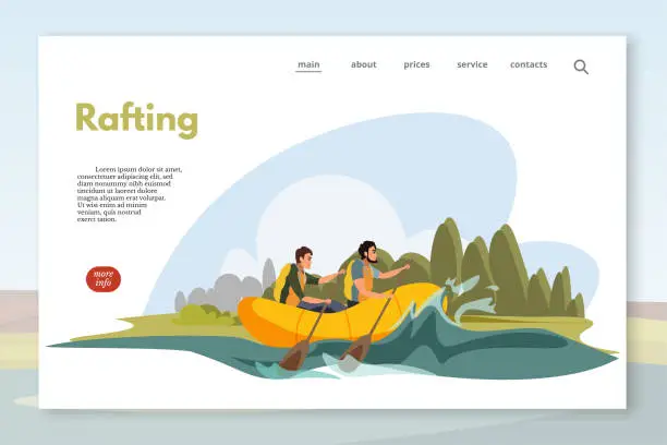 Vector illustration of Rafting sitepage template. Tourists enjoy water tourism vector illustration