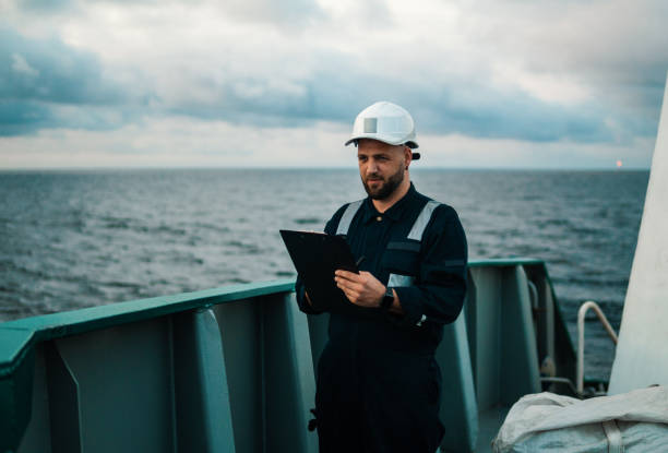 istock Deck Officer on deck of offshore vessel or ship , wearing PPE personal protective equipment 1202274910