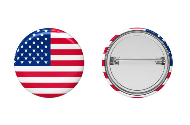 Badge. American flag pin button front and back view . 3D Illustration.
