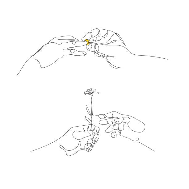 Two hands and a wedding ring. Hand gives a flower. Two hands and a wedding ring. Hand gives a flower.  Hands drawn in one line. Betrothal. Bride and groom. Love. Continuous line. Minimalistic graphics. wedding illustrations stock illustrations