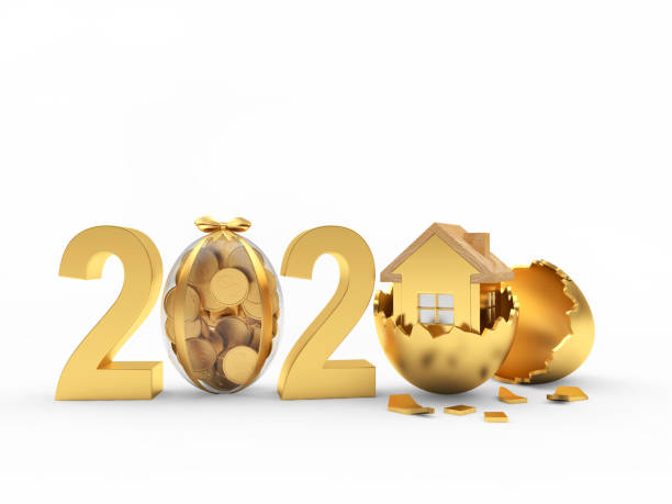 istock Golden 2020 with Easter egg full of coins and house icon inside on broken  egg shell 1202277526
