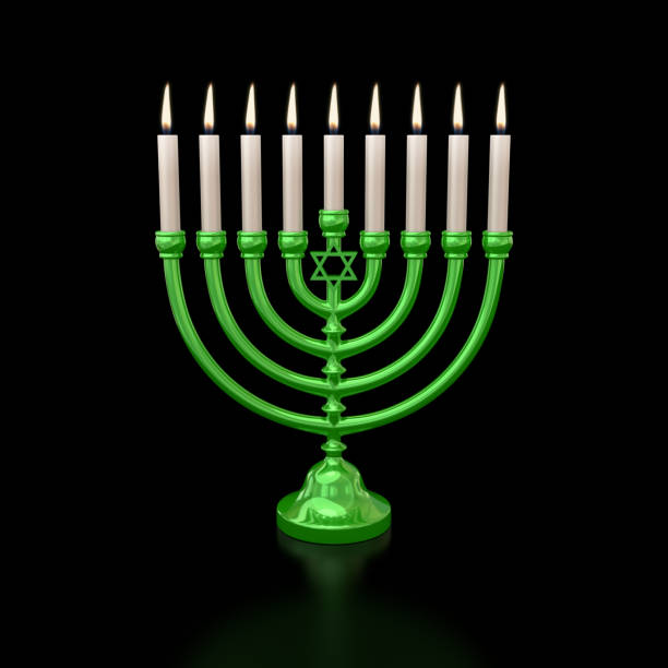 Star of David green Hanukkah menorah on black background 3d illustration