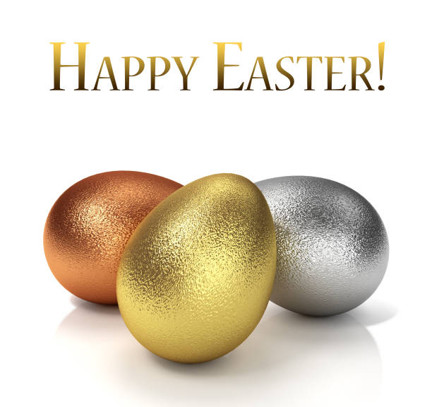 istock Three Easter Eggs With Greeting Text. Golden, Silver And Bronze 3D Illustration 1202279494
