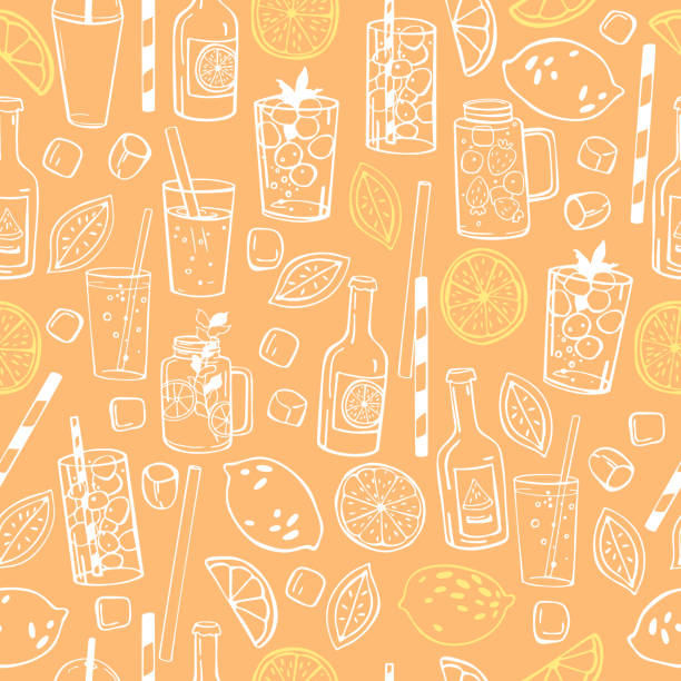 handgezeichnete sommergetränke, limonade.  vektormuster - cocktail orange cup juice stock-grafiken, -clipart, -cartoons und -symbole