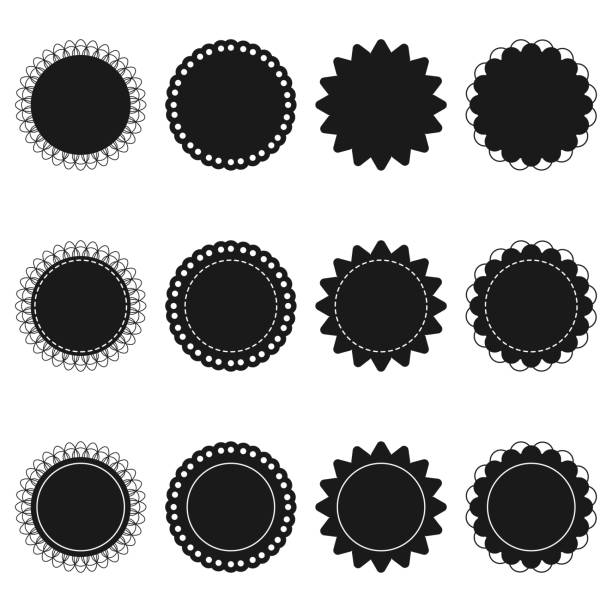 Circle badges and frame with scalloped edge black silhouette vector set isolated on a white background. Circle badges with scalloped edge vector set. scallop stock illustrations