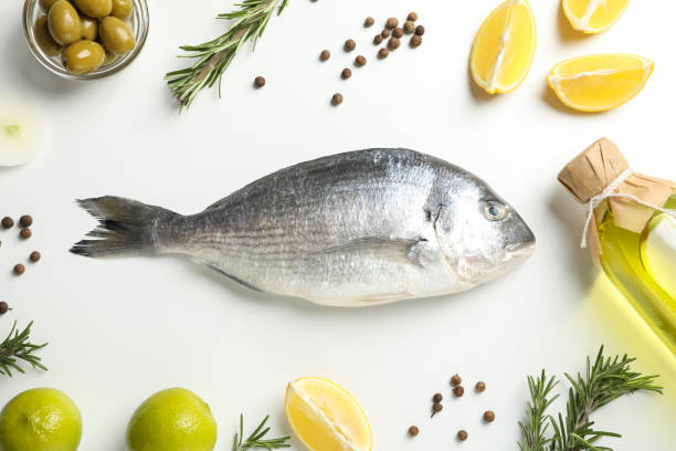 istock Fresh Dorado fish, spices and cooking ingredients on white background, top view 1202286543