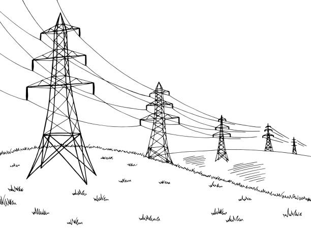 파워 라인 그래픽 검은 색 흰색 풍경 스케치 일러스트 벡터 - electricity pylon stock illustrations