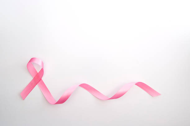 istock Pink ribbon on white background, Cancer awareness 1202290351