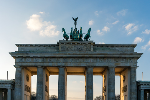 BERLIN, GERMANY- December 24, 2016: Brandenburg Gate (Brandenburger Tor) famous landmark in Berlin, Germany,rebuilt in the late 18th century as a neoclassical triumphal arch in Berlin