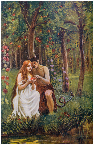 antyczne ilustracja: ewa i diabeł - adam & eve stock illustrations