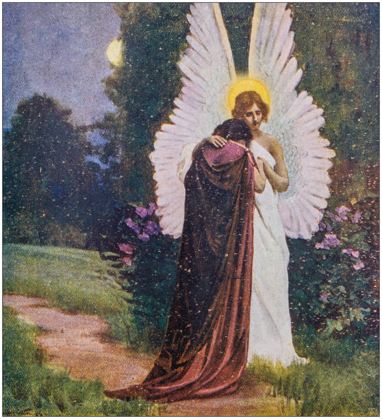 Antique Illustration: Angel hug Antique Illustration: Angel hug adam and eve painting stock illustrations