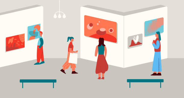 istock Cartoon visitors admiring modern art paintings exhibits at gallery vector flat illustration 1202291632