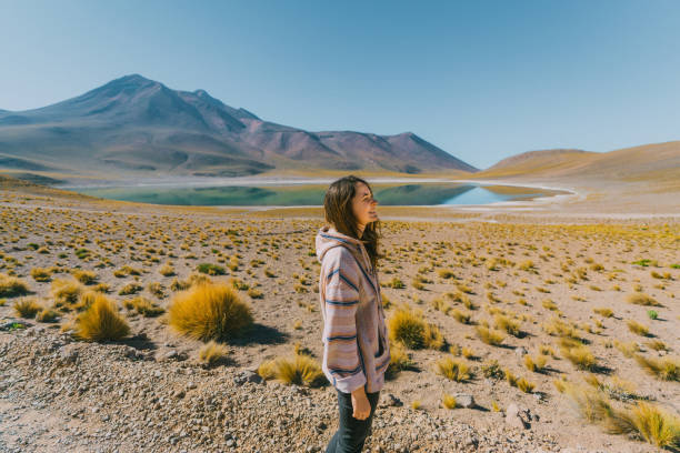 Woman on the background of  scenic view of lake in Atacama desert Young Caucasian woman on the background of  scenic view of lake in Atacama desert, Chile salar de atacama stock pictures, royalty-free photos & images