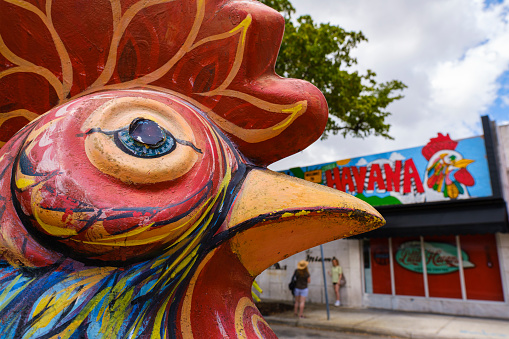 Miami, Florida USA - July 22, 2019: Colorful artwork on display along the popular Calle Ocho in historic Little Havana.