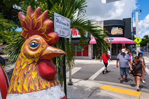 Miami, Florida USA - July 22, 2019: Colorful artwork on display along the popular Calle Ocho in historic Little Havana.