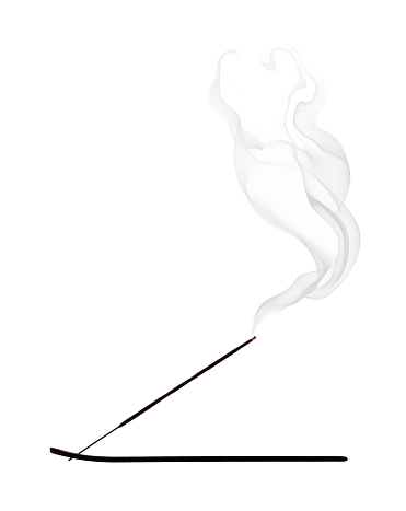 Incense, silhouette with smoke on white background