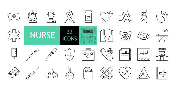 ilustrações de stock, clip art, desenhos animados e ícones de 32 icons nurse. and 32x32 px with editable stroke. a collection of images on a medical theme. a woman and a man nurses, instruments, hospital. flat vector illustration isolated on white background. - capsule vitamin pill white background healthcare and medicine