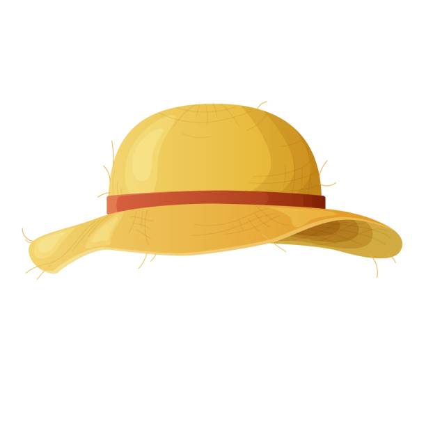 ilustraciones, imágenes clip art, dibujos animados e iconos de stock de sombrero de paja amarilla con cinta roja. - sombrero de paja