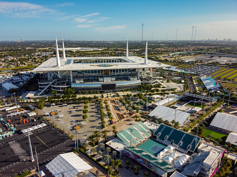 Miami, FL, USA - January 25, 2020: Aerial photo Miami Hard rock Stadium hosting 2020 Super Bowl LIV