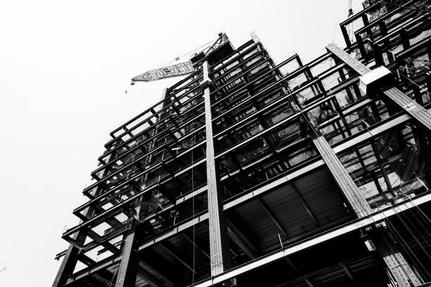 istock Black and white photo, Structure of steel for building construction. 1202296632