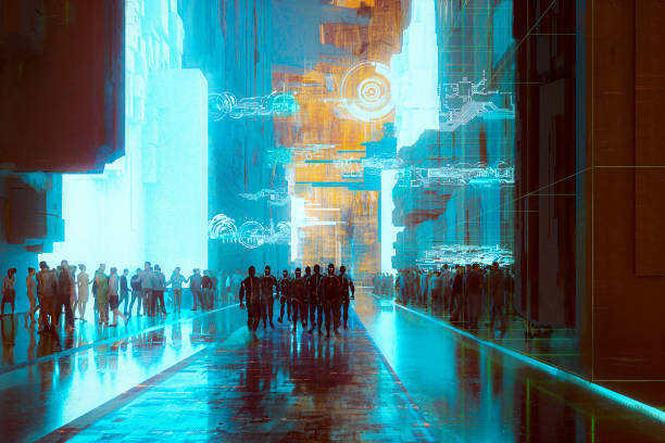 Futuristic city street at night