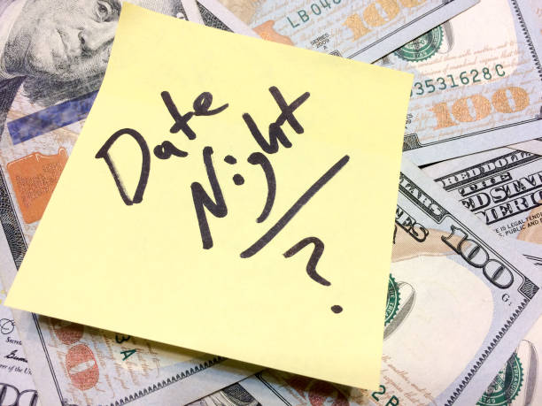 American cash money and yellow sticky note with text Date night question mark American cash money and yellow sticky note with text Date night with question mark in black color aerial view philadelphia federal reserve stock pictures, royalty-free photos & images