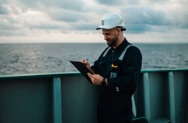 istock Deck Officer on deck of offshore vessel or ship , wearing PPE personal protective equipment 1202301893