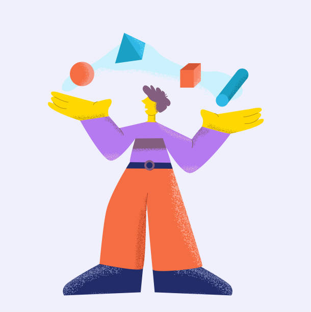 istock Vector illustration male person juggling 3d geometric figures different shape big limbs style 1202304629