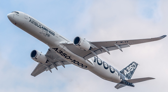 HAMPSHIRE, UK - JULY, 2018: The Airbus A350-1000 which entered service in February 2018. July 21, 2018 Hampshire, England
