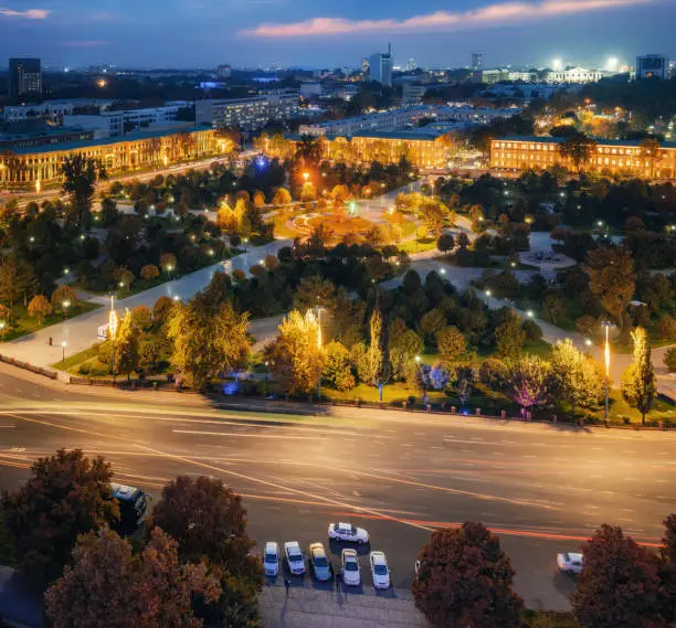 Aerial view of Amir Temur Square Park with night illumination, Tashkent Uzbekistan
