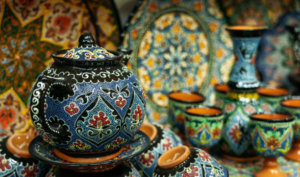 istock Ethnic Uzbek ceramic tableware with traditional uzbekistan ornament. 1202306105