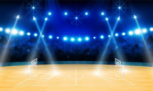 istock Basketball arena field with bright stadium lights design. Vector illumination 1202307499