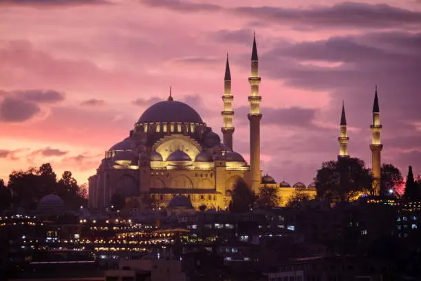 Suleymaniye Mosque At A Purple Sunset, Istanbul, Turkey