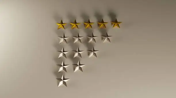 Photo of five golden stars for costumer satisfaction, 3d illustration