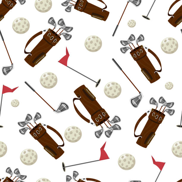 Golf bag, ball, stick and flag vector seamless pattern on a white background for wallpaper, wrapping, packing, and backdrop. Golf seamless pattern. Vector background. golf patterns stock illustrations