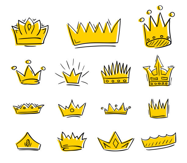 ilustraciones, imágenes clip art, dibujos animados e iconos de stock de coronas doradas dibujadas a mano conjunto de borrador. ilustración vectorial. - king