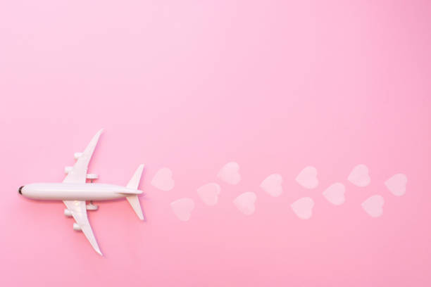 Happy Valentines day. white plane on a pink background with hearts