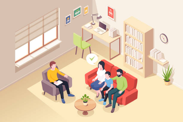 family at psychologist counseling, vector iometric illustration of people at psycholog counselor couch. mężczyzna i kobieta z synem na sesji doradztwa psychologicznego, problem relacji z rodziną i dzieckiem - alternative therapy therapy family anger stock illustrations